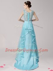 Elegant Scoop Aqua Blue Sleeveless Brush Train Appliques and Ruffles With Train Prom Evening Gown