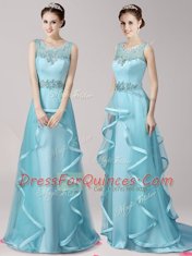 Elegant Scoop Aqua Blue Sleeveless Brush Train Appliques and Ruffles With Train Prom Evening Gown