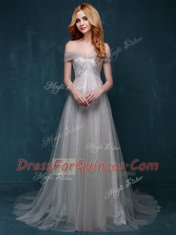High Class Lace With Train Grey Prom Gown One Shoulder Sleeveless Brush Train Zipper