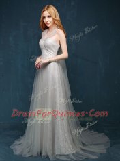 High Class Lace With Train Grey Prom Gown One Shoulder Sleeveless Brush Train Zipper