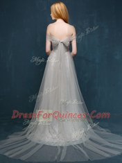 High Class Lace With Train Grey Prom Gown One Shoulder Sleeveless Brush Train Zipper