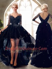 Dynamic Navy Blue Backless Spaghetti Straps Beading Dress for Prom Lace Half Sleeves