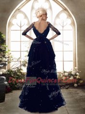 Dynamic Navy Blue Backless Spaghetti Straps Beading Dress for Prom Lace Half Sleeves