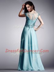 Light Blue Prom Gown Prom and For with Appliques Scoop Cap Sleeves Zipper