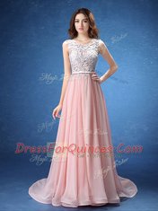Trendy Scoop Sleeveless Chiffon With Brush Train Zipper Dress for Prom in Baby Pink with Lace and Appliques and Belt