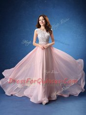 Trendy Scoop Sleeveless Chiffon With Brush Train Zipper Dress for Prom in Baby Pink with Lace and Appliques and Belt