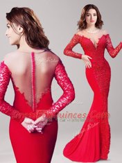Sumptuous Mermaid Scoop Long Sleeves With Train Lace Clasp Handle Prom Evening Gown with Red Brush Train