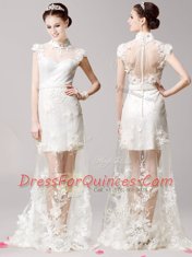 White Cap Sleeves With Train Lace and Appliques Clasp Handle Homecoming Dress