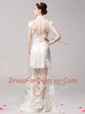 White Cap Sleeves With Train Lace and Appliques Clasp Handle Homecoming Dress