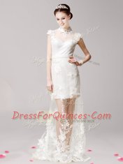 White Cap Sleeves With Train Lace and Appliques Clasp Handle Homecoming Dress