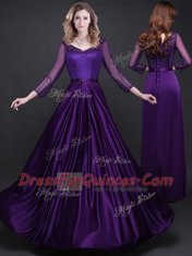 Inexpensive Purple Empire Long Sleeves Elastic Woven Satin Floor Length Lace Up Appliques and Belt Prom Evening Gown