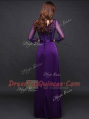 Inexpensive Purple Empire Long Sleeves Elastic Woven Satin Floor Length Lace Up Appliques and Belt Prom Evening Gown