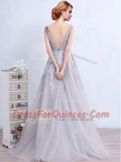 Sleeveless Brush Train Backless With Train Appliques and Belt Prom Party Dress