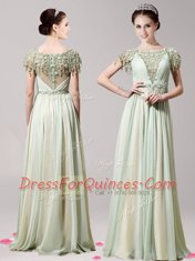 Scoop Apple Green Short Sleeves Appliques Floor Length Prom Evening Gown