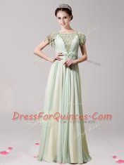Scoop Apple Green Short Sleeves Appliques Floor Length Prom Evening Gown