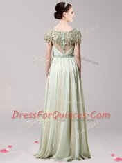Scoop Apple Green Short Sleeves Appliques Floor Length Prom Evening Gown