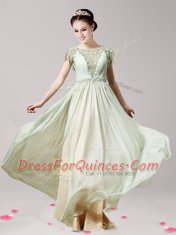 Scoop Apple Green Short Sleeves Appliques Floor Length Prom Evening Gown