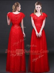 Clearance Lace Short Sleeves Floor Length Appliques and Belt Zipper Prom Gown with Red