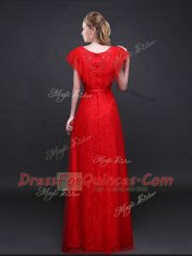 Clearance Lace Short Sleeves Floor Length Appliques and Belt Zipper Prom Gown with Red