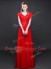 Clearance Lace Short Sleeves Floor Length Appliques and Belt Zipper Prom Gown with Red