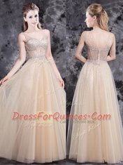 Eye-catching Champagne Tulle Zipper V-neck Sleeveless Floor Length Beading