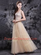 Eye-catching Champagne Tulle Zipper V-neck Sleeveless Floor Length Beading