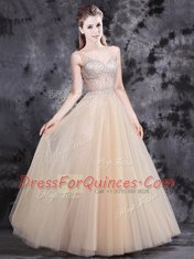 Eye-catching Champagne Tulle Zipper V-neck Sleeveless Floor Length Beading