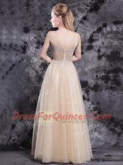 Eye-catching Champagne Tulle Zipper V-neck Sleeveless Floor Length Beading