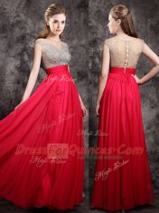 Fantastic Coral Red Empire Beading Prom Gown Zipper Chiffon Cap Sleeves Floor Length