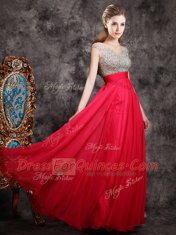 Fantastic Coral Red Empire Beading Prom Gown Zipper Chiffon Cap Sleeves Floor Length