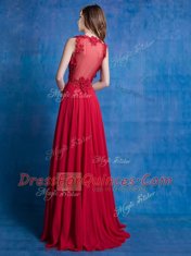 Red V-neck Backless Appliques Prom Dresses Sleeveless