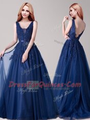 Wonderful Backless Floor Length Navy Blue Tulle Sleeveless Appliques and Belt