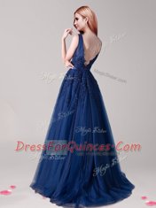 Wonderful Backless Floor Length Navy Blue Tulle Sleeveless Appliques and Belt