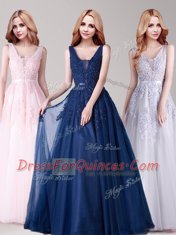 Wonderful Backless Floor Length Navy Blue Tulle Sleeveless Appliques and Belt