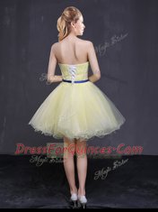 Clearance Mini Length Lace Up Prom Gown Light Yellow for Prom and Party with Appliques and Belt