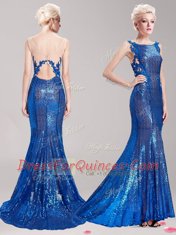 Mermaid Square Blue Clasp Handle Appliques and Sequins Sleeveless With Brush Train