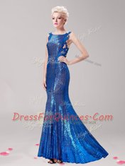 Mermaid Square Blue Clasp Handle Appliques and Sequins Sleeveless With Brush Train