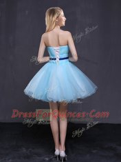 Exquisite Baby Blue A-line Strapless Sleeveless Organza Mini Length Lace Up Appliques and Belt Homecoming Dress