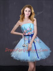 Exquisite Baby Blue A-line Strapless Sleeveless Organza Mini Length Lace Up Appliques and Belt Homecoming Dress