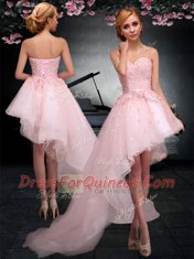 Top Selling Sleeveless Asymmetrical Appliques Lace Up Prom Dress with Baby Pink