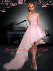 Top Selling Sleeveless Asymmetrical Appliques Lace Up Prom Dress with Baby Pink