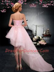 Top Selling Sleeveless Asymmetrical Appliques Lace Up Prom Dress with Baby Pink