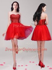Shining Red A-line Beading Homecoming Dress Lace Up Tulle Sleeveless Mini Length