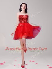 Shining Red A-line Beading Homecoming Dress Lace Up Tulle Sleeveless Mini Length