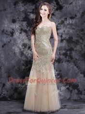 Mermaid Champagne Sweetheart Neckline Appliques Prom Gown Sleeveless Zipper