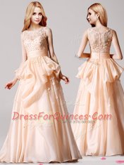 Wonderful Champagne Evening Dress Prom and For with Appliques and Pick Ups Scoop Sleeveless Zipper