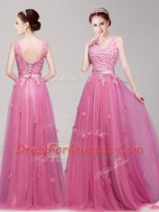 Glamorous Pink Tulle Lace Up V-neck Sleeveless Floor Length Prom Dresses Appliques and Belt