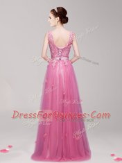 Glamorous Pink Tulle Lace Up V-neck Sleeveless Floor Length Prom Dresses Appliques and Belt