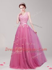 Glamorous Pink Tulle Lace Up V-neck Sleeveless Floor Length Prom Dresses Appliques and Belt