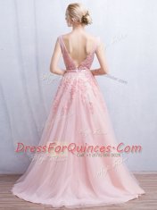 Super Baby Pink A-line Appliques and Belt Prom Evening Gown Backless Tulle Sleeveless With Train
